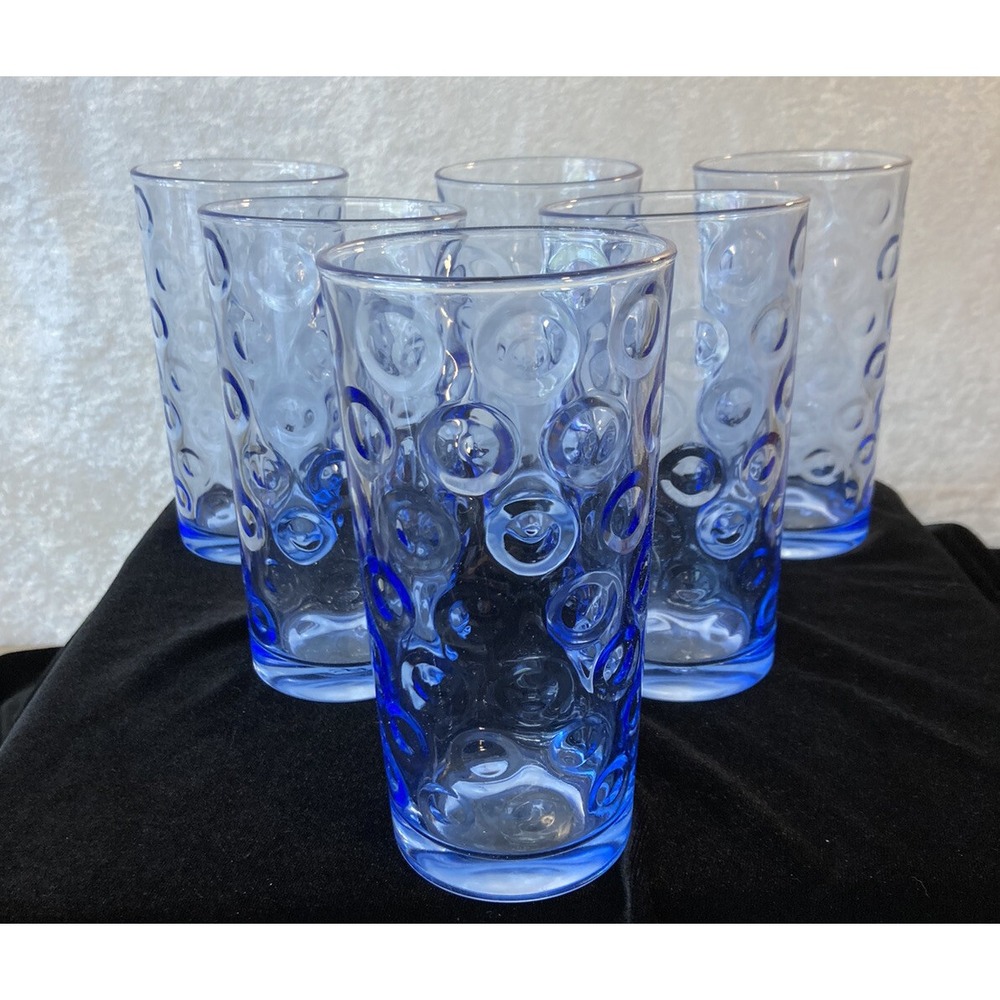 6 Vintage 1960's Sisecam Pasabahce Blue " Circles" Drinking Glasses 10 oz